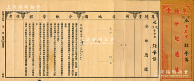 民国贰拾年（1931年）尊德堂·分地凭据，由股友钟华慎氏所承购，其发行号码仅为“辰字贰号”，票上印有分地章程，事为各股友集资用尊德堂名字买受土地，建造改格，约定权益等情；此乃广东股票之一种特有形式，少见，并附带有原封套，七五成新