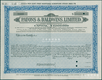 19xx年（上海英商）密丰绒线厂有限公司股票，蓝色4%第一抵押债权股样本，背印有小商标图；该厂是英商绒线业垄断企业，自光绪年间来华销售，长期独霸中国市场，1934年在上海杨树浦建造远东规模最大的毛纺厂，其工厂旧址现为上海市文物保护单位；罕见且属首度公诸于阳明，九成新