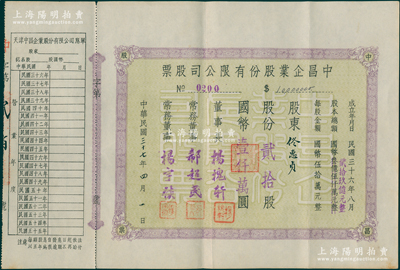 民国三十七年（1948年）中昌企业股份有限公司股票，贰拾股计国币壹仟万圆，天津老股票之罕见品，附带有息单，八成新