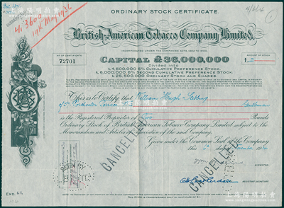 1934年英美烟草公司股票，普通股2镑（票上资本3600万镑），内有水印；海外藏家出品，罕见，八成新