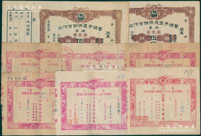 旅大市（即旅顺大连）供销合作社股票共8枚，详分：①（解放区）营城子区民供销合作社股票·壹股计关东币伍佰圆2枚；②1949至1953年旅大市营城子区各供销合作社股票6枚，分由大辛寨子镇、案山村、叶村、小村等发行，面额均为壹股计人民币贰万圆；六至八成新，敬请预览