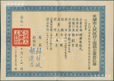 1954年“天津市人民政府工商局企业登记证”1张，发给私营影剧业“权乐影戏院”（资本1.6502亿元）；其始建于1916年，原名长虹曲艺厅，由江苏督军李纯的东兴房产公司投资建造，址设和平区南市，是一个专供妓女清唱的场所；1928年，高相宝和王福亭接管茶园，改演戏曲；至解放初更名为权乐影剧院，文革时又称长红影剧院；此种“电影剧院类”营业执照存世罕见，八五成新，值得珍视